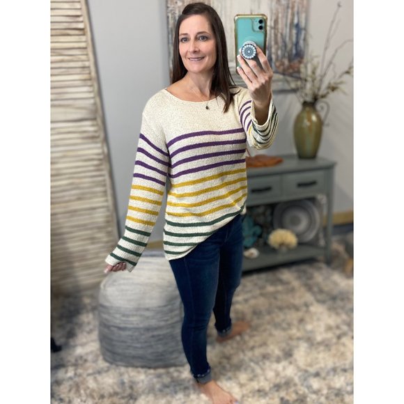 🎭Mardi Gras Wide Neck Loose Striped Sweater Shirt Purple Green & Gold 0123 - Picture 4 of 8